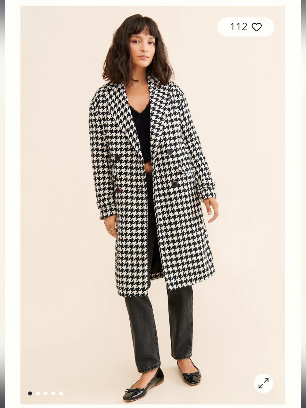 Anthrolpolgie NVLT Houndstooth Long Wool Blend Coat - Black & White Size Small